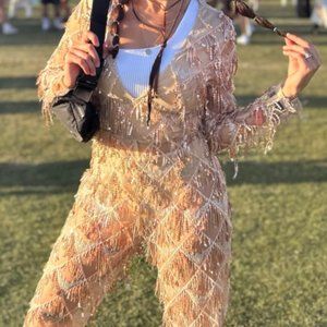 ROSE GOLD TASSEL SEQUIN PLUNGE JUMPSUIT